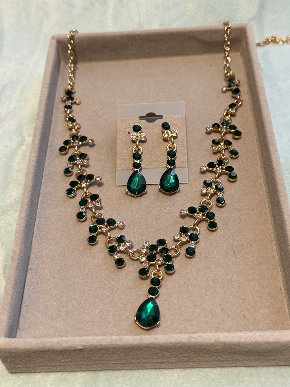 Gold-Tone Emerald Teardrop Necklace & Earrings Set - Women Jewelry